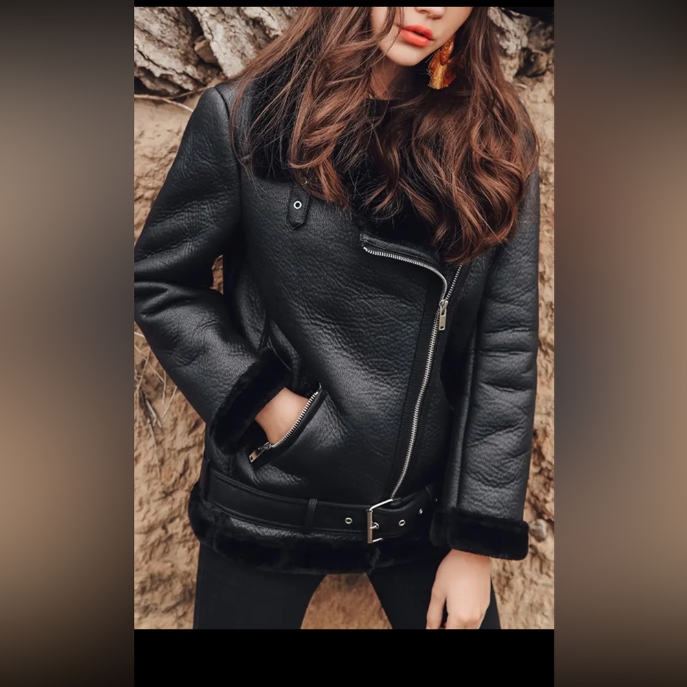 Women's Black Shearling Moto Jacket.
LY VAREY LIN.